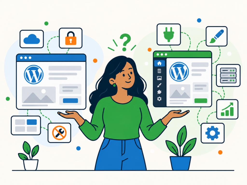 Woman comparing WordPress.com and WordPress.org, with illustrations showing the differences in hosting, customisation and website control.