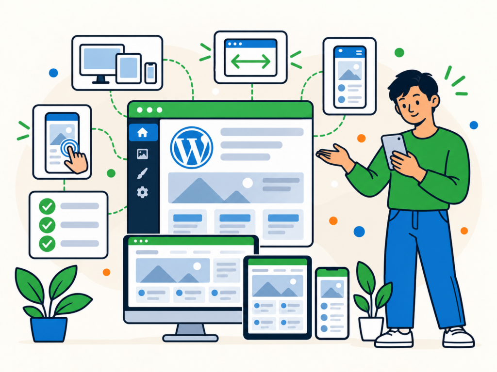 Illustration of responsive WordPress design testing across desktop, tablet and mobile screens with resize checks, touch testing and successful layout checks.