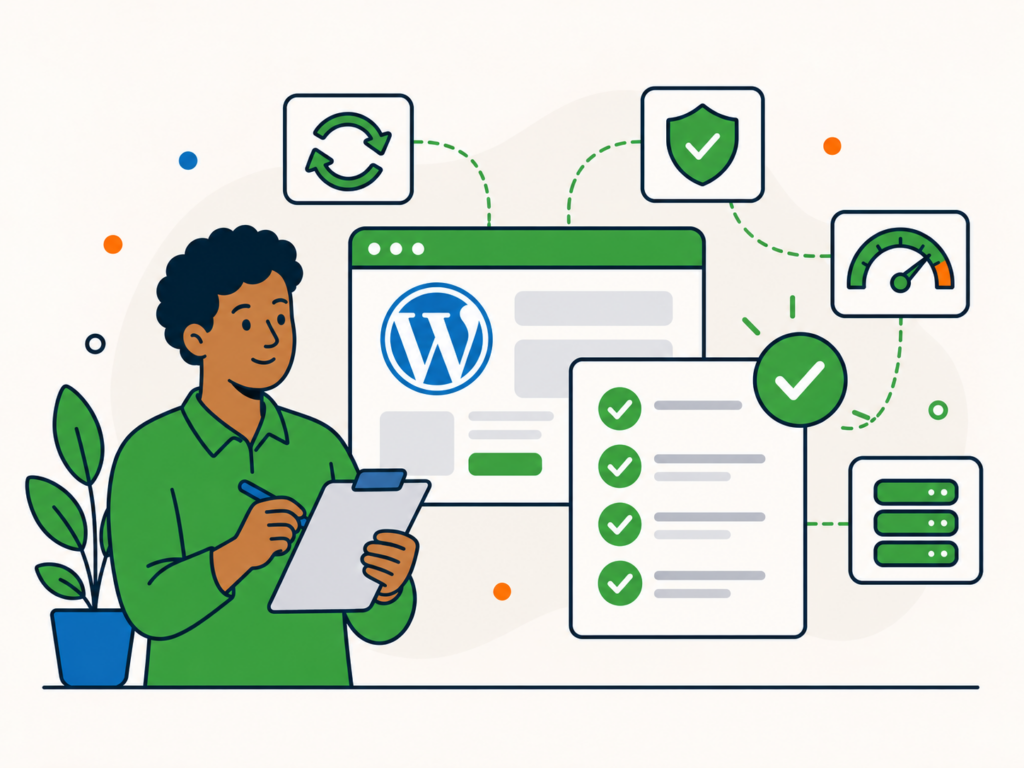 Illustration of a WordPress maintenance checklist showing routine tasks like updates, security checks, performance monitoring, and server upkeep for a healthy website.