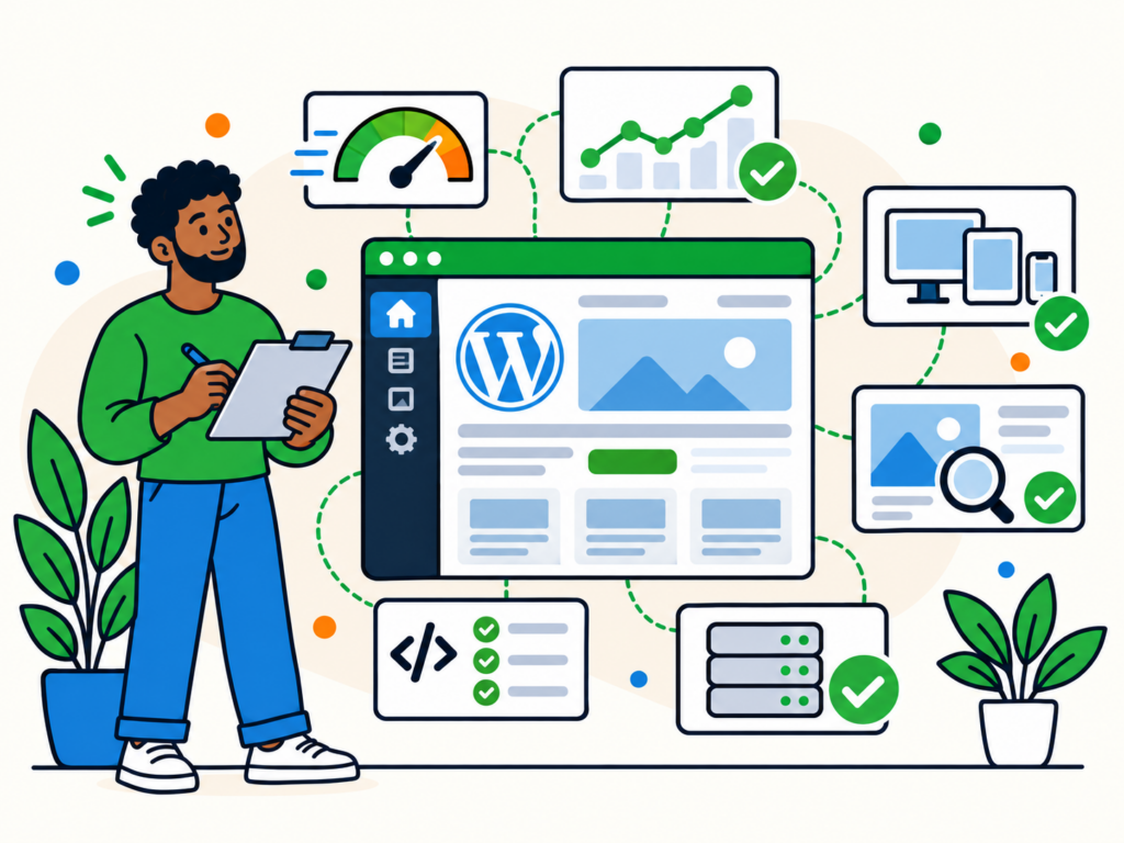 Illustration of website performance testing with speed checks, responsive device testing, analytics, page inspection, code checks and server status.