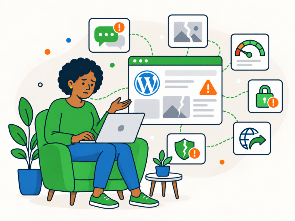 Illustration of a worried website owner using a laptop beside a WordPress site dashboard with warning icons showing signs of a hacked website, including alerts, broken images, redirects, login issues and poor performance.