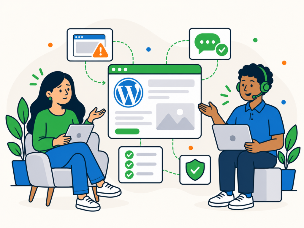 Illustration of a website owner getting help from a support agent with a WordPress website issue, showing guided support, checklist steps and a secure resolution.