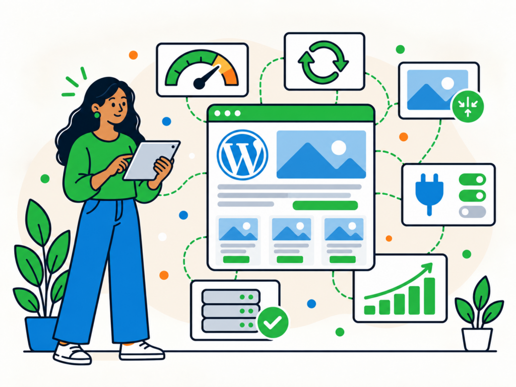 Illustration of WordPress performance optimisation with speed, caching, image optimisation, plugin settings, server health and performance improvements.
