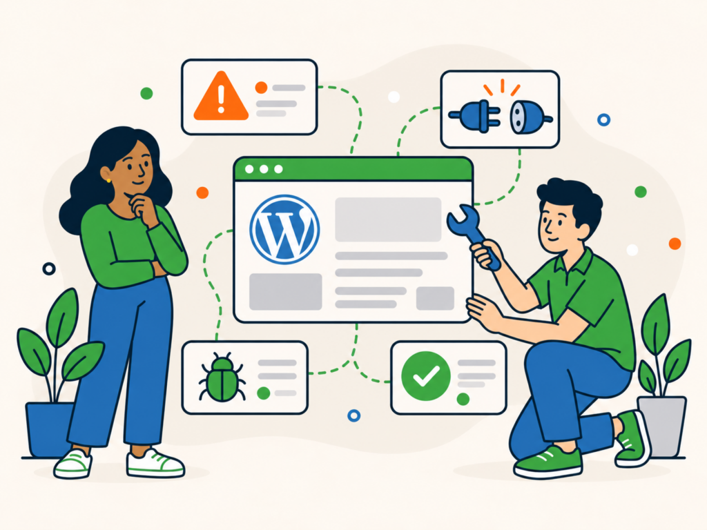 Illustration of common WordPress errors, including plugin connection issues and bugs, with a technician repairing a WordPress website and a green checkmark indicating successful fixes.