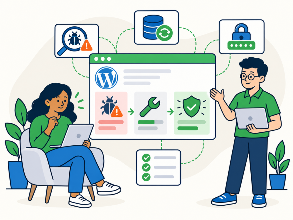 Illustration of a hacked WordPress site being cleaned up, showing a malware warning changing into a repair step and then a secure shield, with a customer and support specialist reviewing the process.