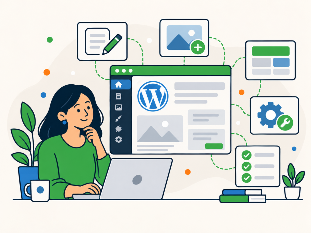 Illustration of a beginner learning to manage a WordPress website, with a dashboard showing content editing, image uploads, page layouts, settings and a task checklist.