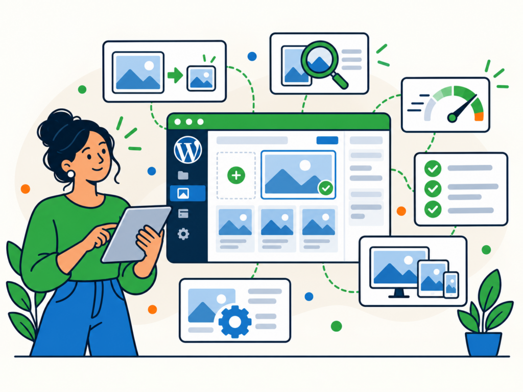 Illustration of WordPress image optimisation with compression, SEO checks, performance testing, responsive images and media library improvements.