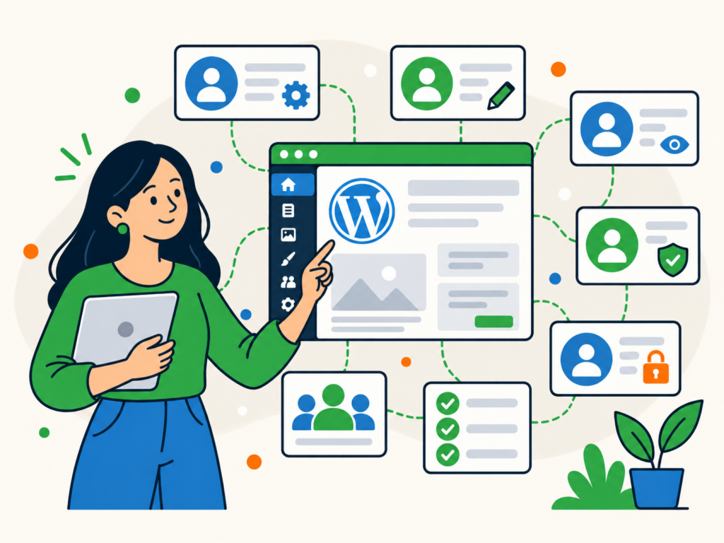 Woman managing WordPress user roles and permissions, with a dashboard connected to user profile cards showing access levels, editing, viewing, security and team roles.