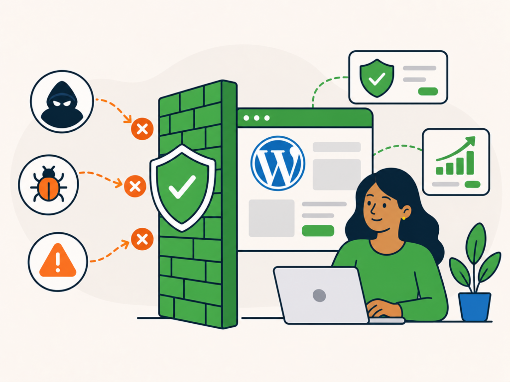 Illustration of a WordPress website protected by a firewall, with threats blocked on one side and a website owner working safely on the other.