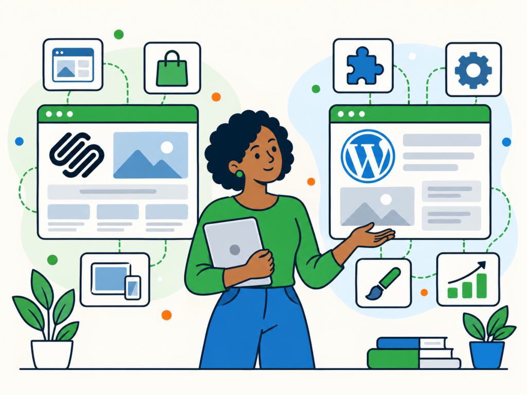 Woman comparing Squarespace and WordPress website builders, with illustrations showing design, ecommerce, customisation and plugin features.