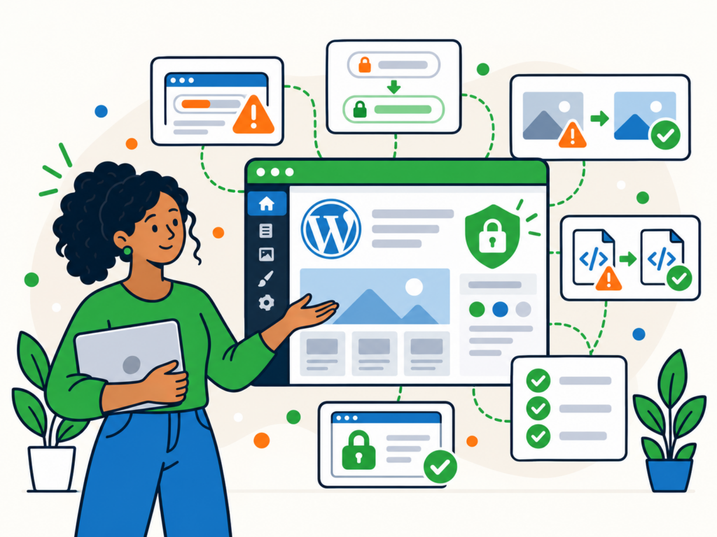 Illustration of fixing mixed content warnings in WordPress with HTTPS, secure assets, code checks, browser security and completed fixes.