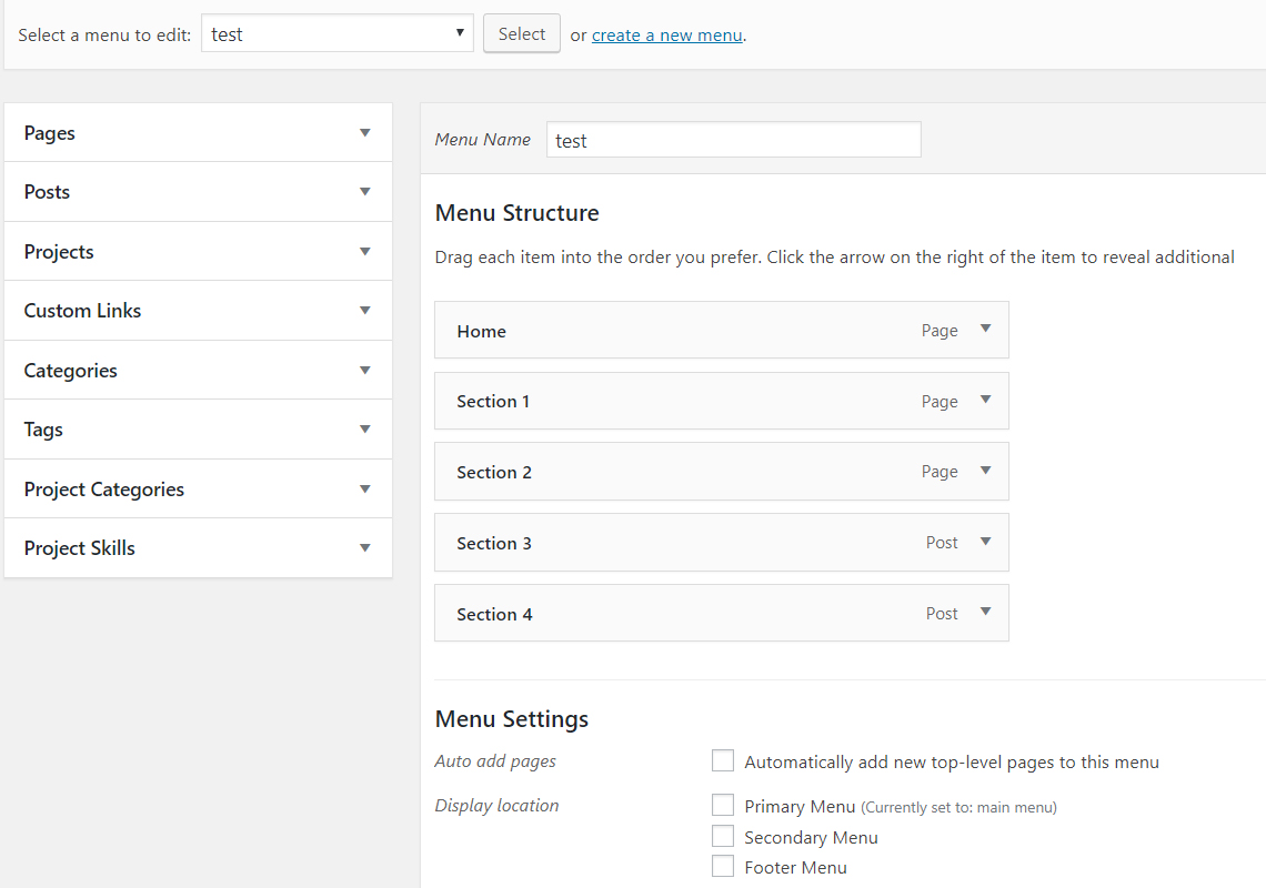 WordPress example menu