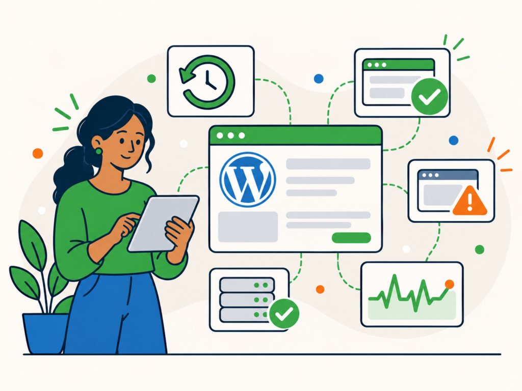 Illustration of a woman monitoring a WordPress website on a tablet, with uptime, downtime, server status and website alert icons connected around a central WordPress dashboard.