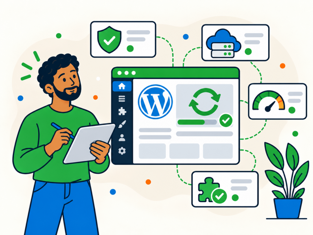 Illustration of a WordPress update dashboard showing secure updates, website backups, performance checks, and plugin compatibility.