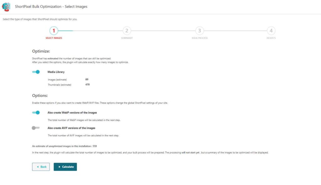 shortpixel bulk optimisation settings page