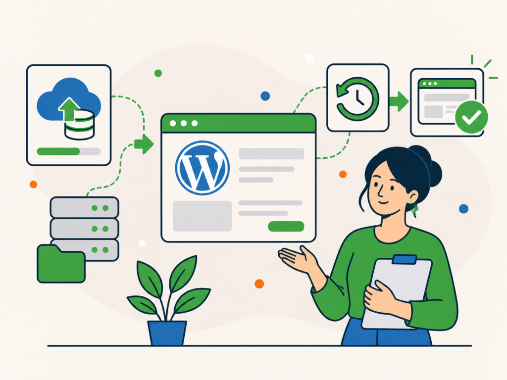 Illustration of a WordPress website backup and restore process, showing files and data being backed up, restored, and returned to a healthy working site.