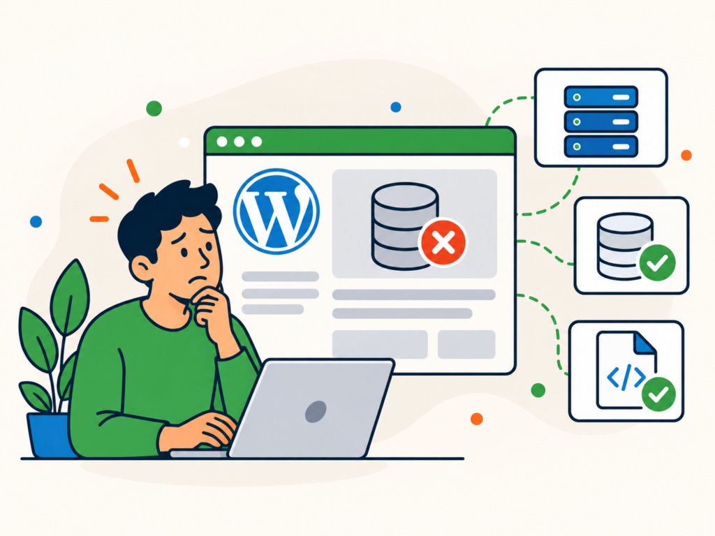 Illustration of a concerned website owner troubleshooting a WordPress database connection error, with server, database and configuration checks.