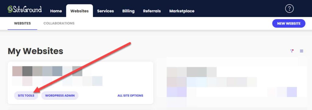 siteground my websites section with the site tools button