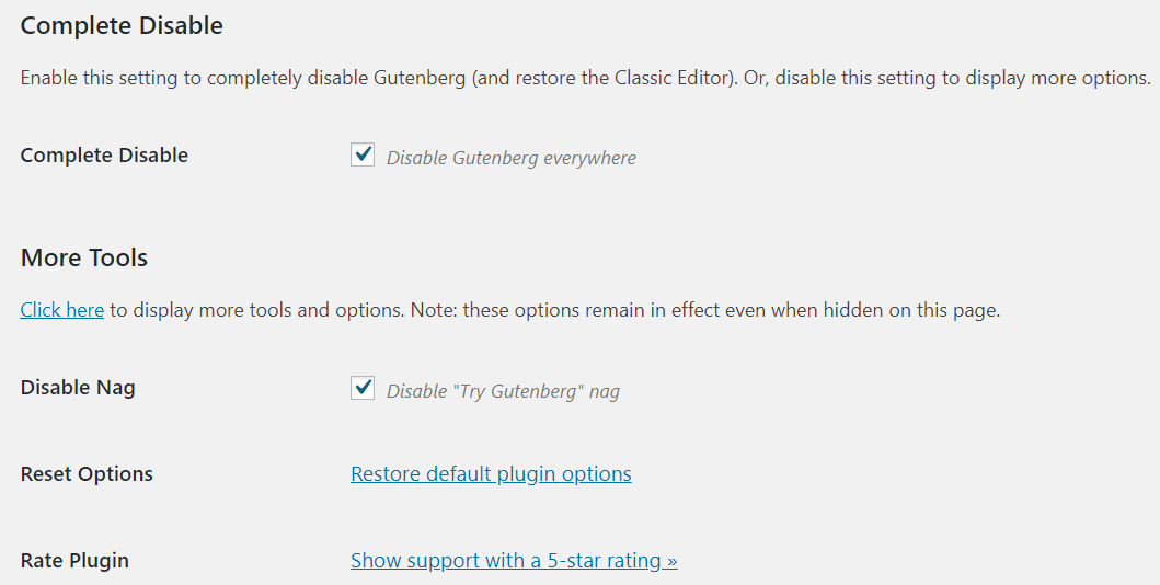 Disable Gutenberg Settings