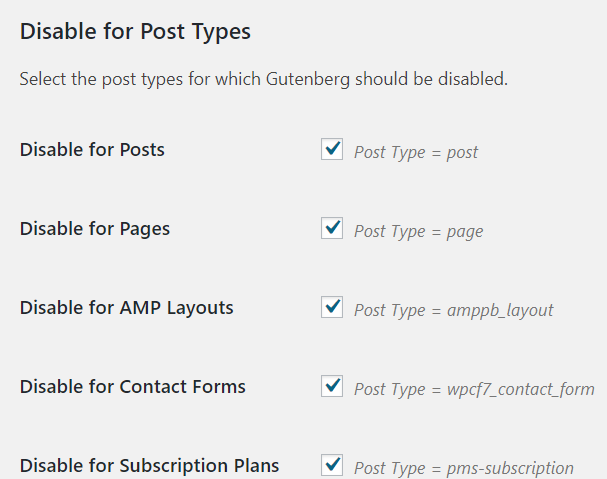 Disable for Post Types