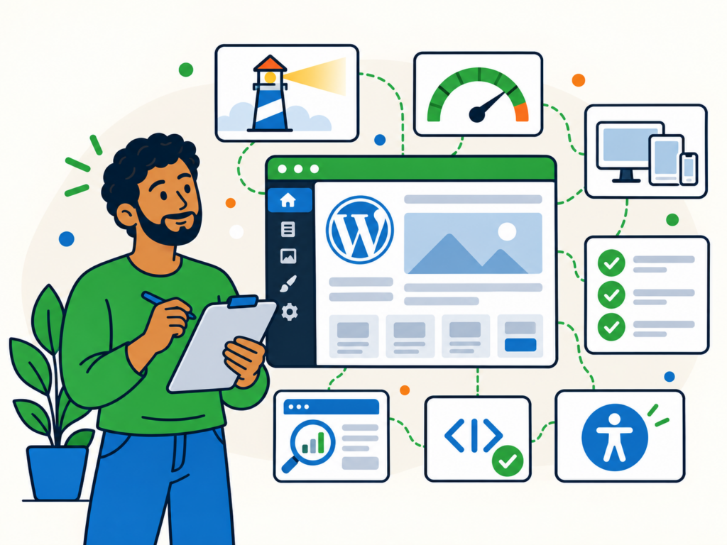 Illustration of a Google Lighthouse WordPress audit covering performance, responsive design, SEO, code quality, accessibility and website checks.