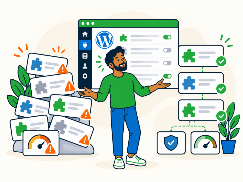 Website owner comparing an overloaded WordPress plugin setup with a streamlined selection of plugins for better performance and security.