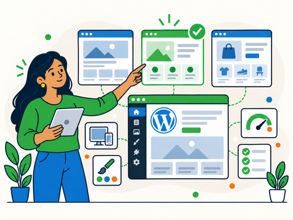 Illustration of a woman comparing WordPress theme options and selecting the right website theme on a tablet and desktop interface.