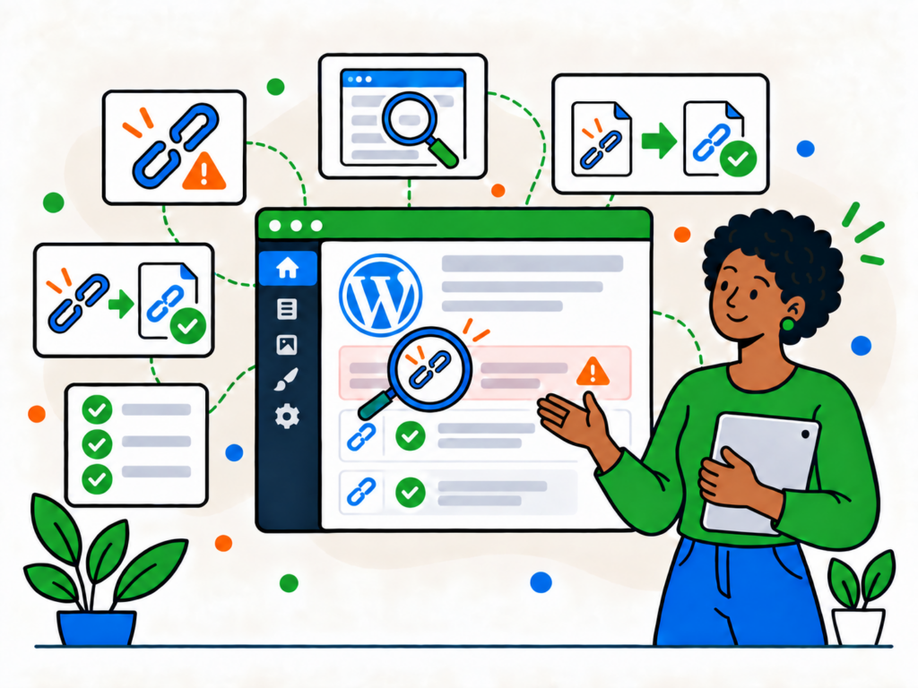 Illustration showing how to find and fix broken links in WordPress using a link audit dashboard.