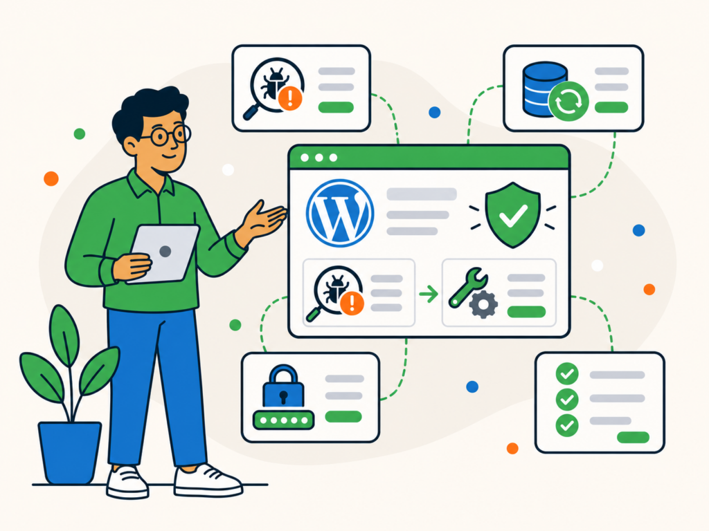 Illustration of a WordPress professional presenting a malware removal workflow with scanning, cleanup, password security, backup and final checks around a secure website dashboard.