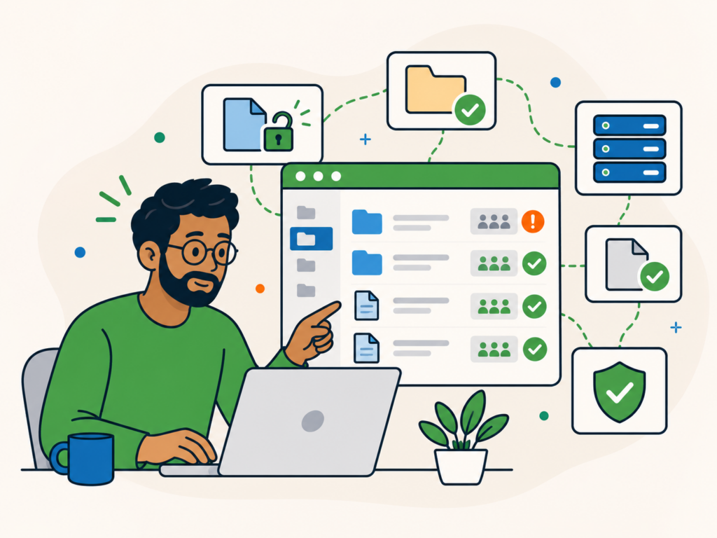 Illustration of a WordPress user fixing file permissions, with folders, access controls, security icons and successful permission checks.