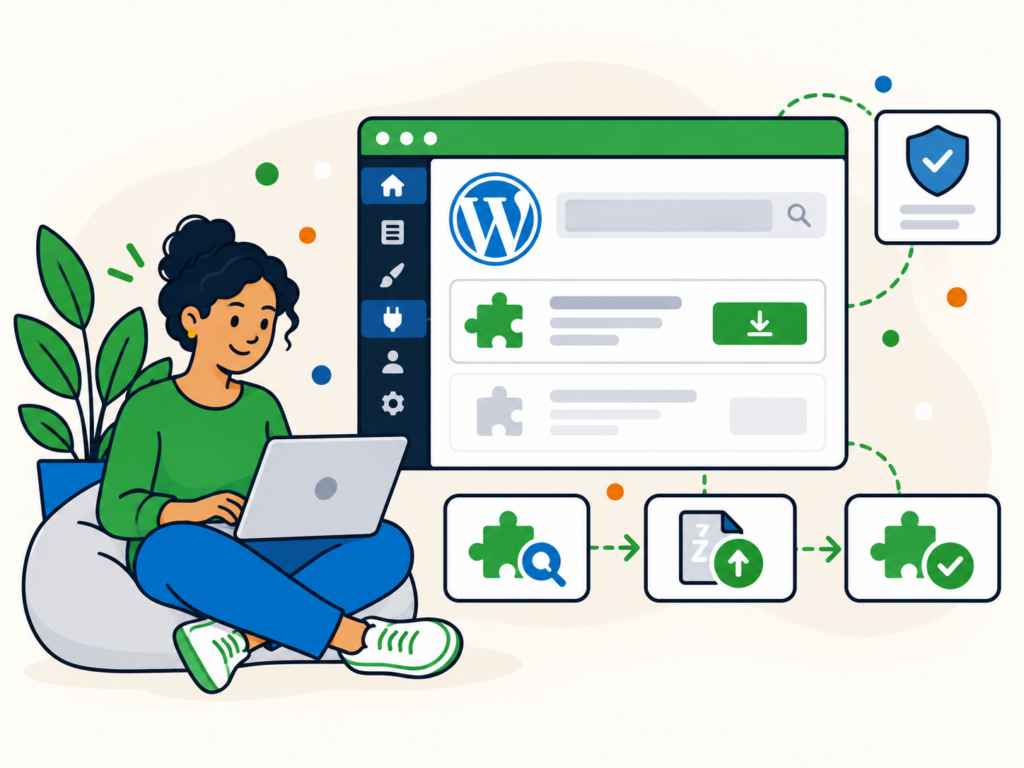 Illustration of installing WordPress plugins step by step, showing plugin search, installation, and activation in the WordPress dashboard.