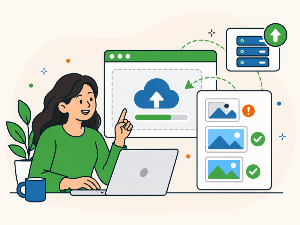 Illustration of a WordPress user increasing the maximum file upload size, with upload progress, server settings and successful image uploads.