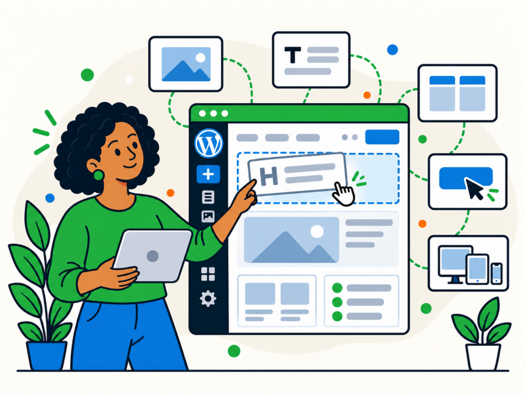 Illustration of a woman using the WordPress Block Editor to add and arrange content blocks, images, buttons and responsive layouts.
