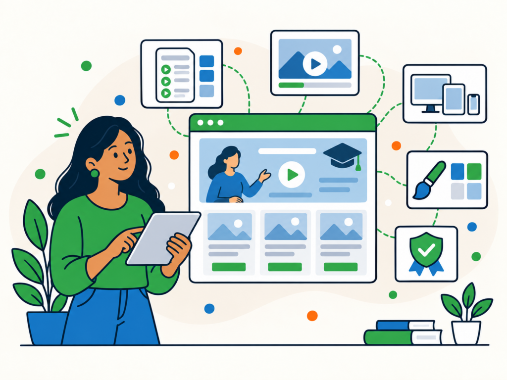 Illustration of choosing a WordPress theme for online courses, with course layout, video, responsive design, customisation and trust features.