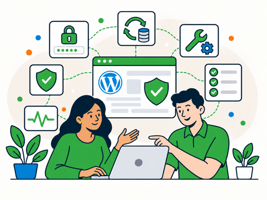 Illustration of two people reviewing a WordPress website security dashboard with shield, lock, backup, maintenance, monitoring and checklist icons.