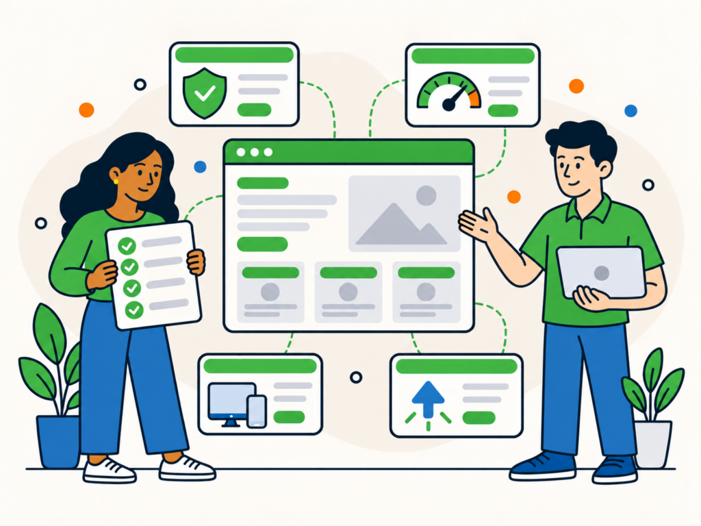 Illustration of a WordPress website launch checklist, showing a website being reviewed for security, speed, mobile responsiveness and readiness to go live.