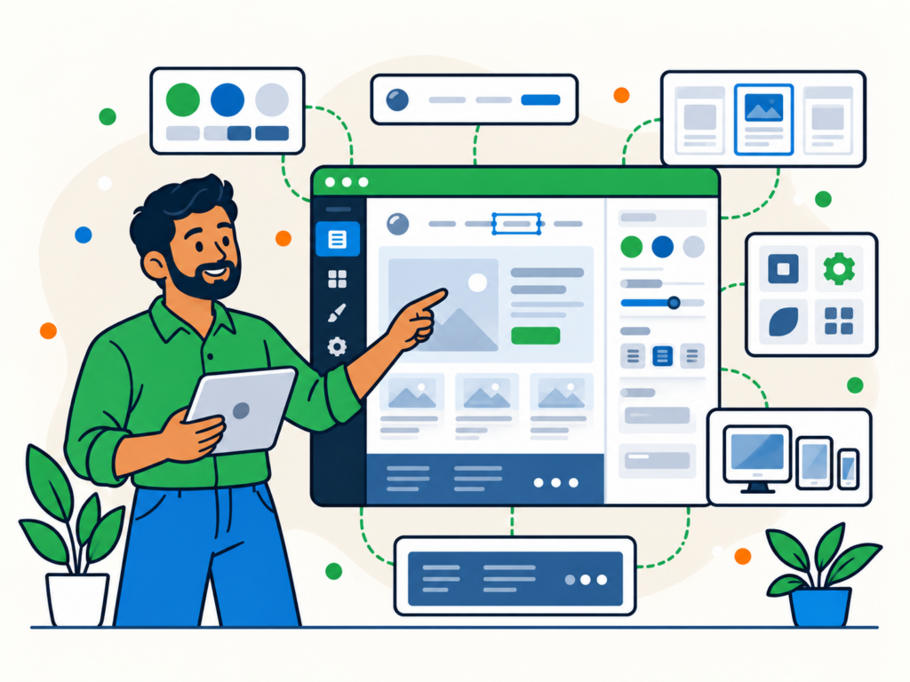 Illustration of a man using the WordPress Site Editor to customise site-wide layouts, colours, styles, templates and responsive design settings.