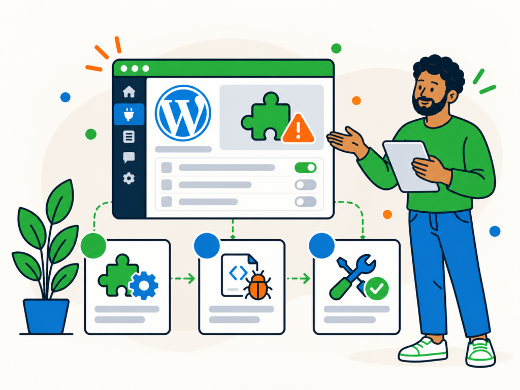 Illustration of a WordPress plugin problem being diagnosed step by step, showing a plugin warning, code check, and repair tools.