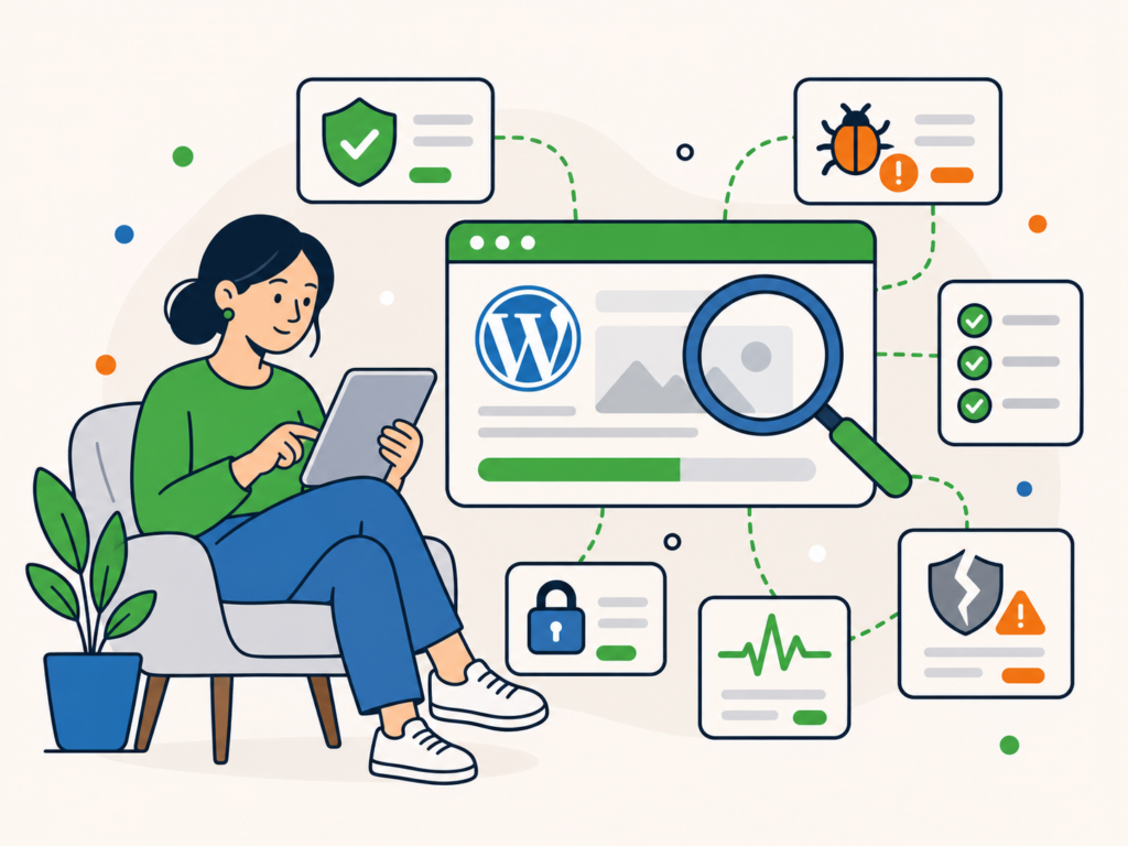Illustration of a WordPress website being scanned with a magnifying glass, alongside malware, security, lock, monitoring and vulnerability check icons.