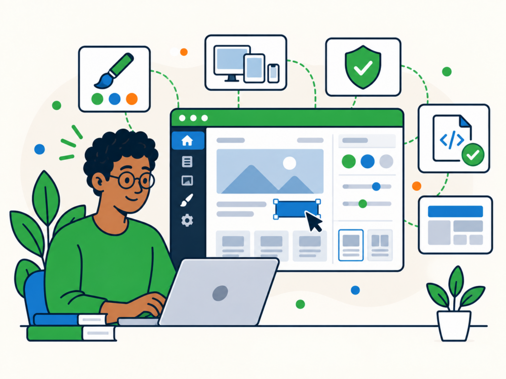 Illustration of a man safely customising a WordPress theme using a visual editor, layout tools, colour controls and security checks.