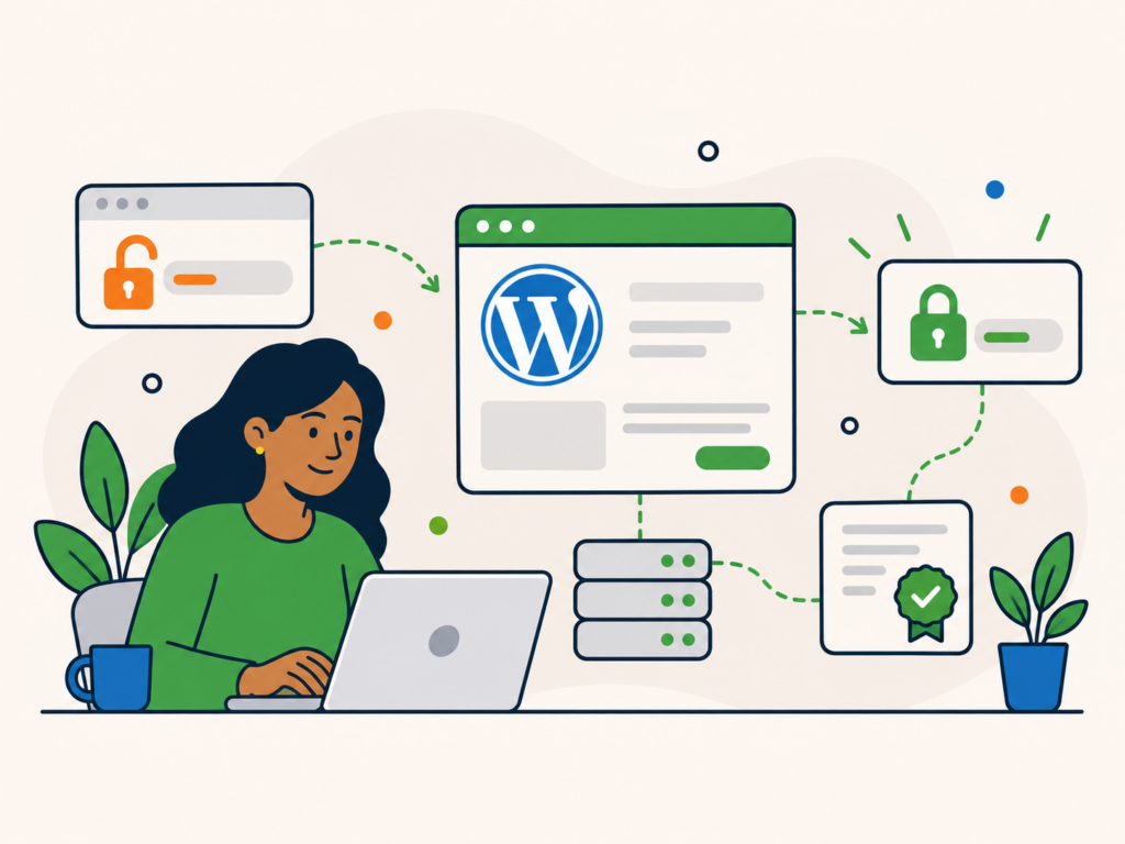 Illustration of a WordPress site being secured with SSL and HTTPS, showing the move from an unsecured connection to a protected website with a valid certificate.