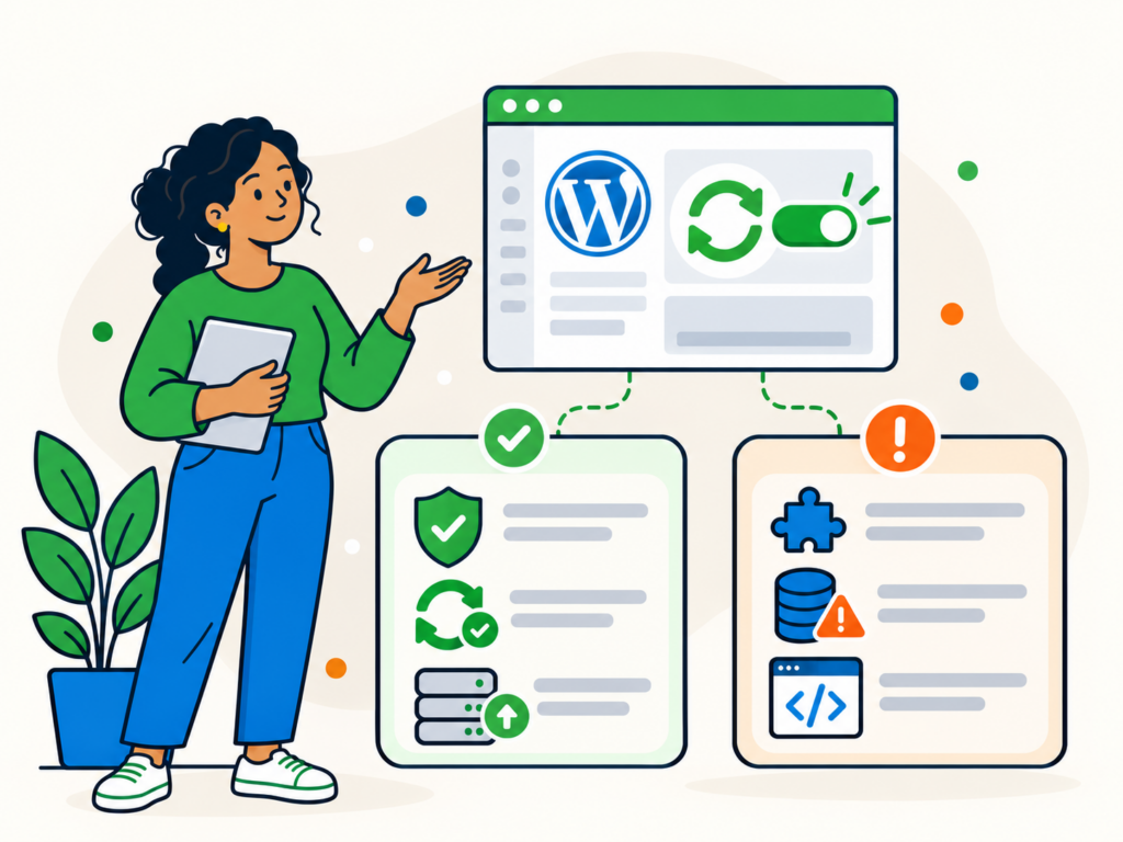 Illustration comparing the benefits and risks of WordPress automatic updates, including security, plugin compatibility, and potential update issues.