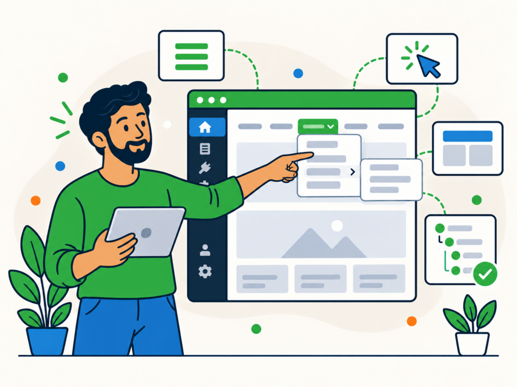 Man creating a WordPress dropdown menu using a visual editor, with nested navigation items and no coding required.