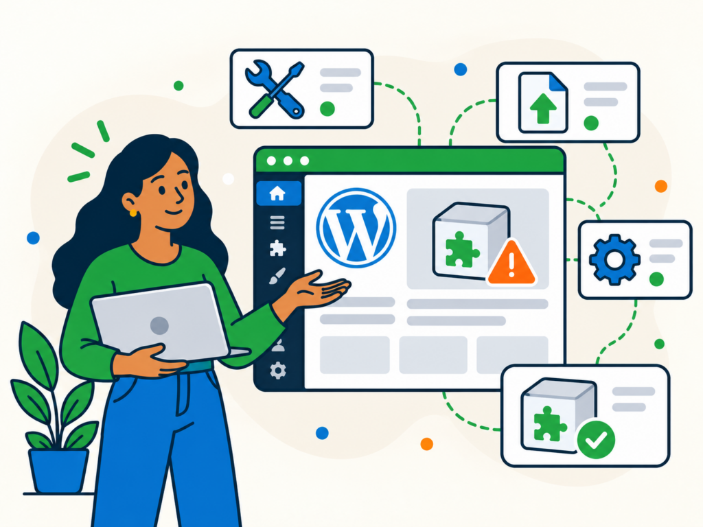 Illustration of a WordPress plugin installation error, showing a warning symbol, troubleshooting tools, and a successful installation.