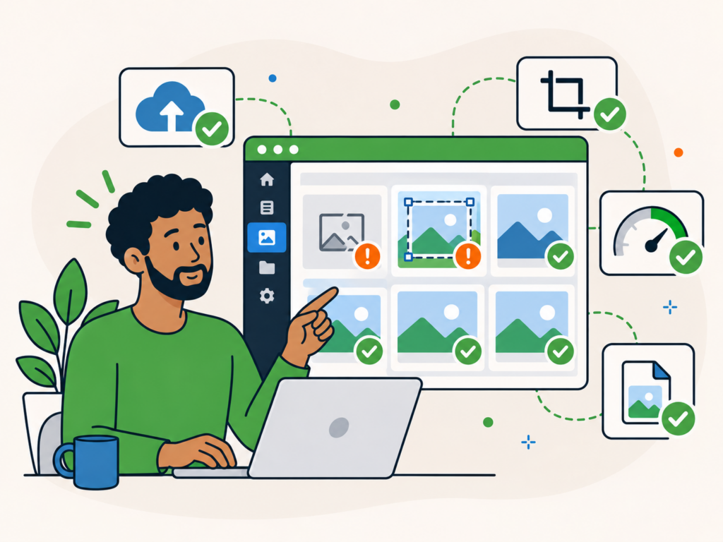Illustration of a WordPress media library showing broken images, cropping issues, and successful fixes for common WordPress image errors.