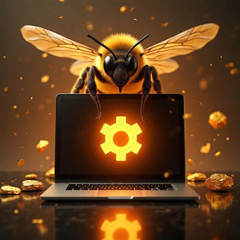 A large, detailed bee perched on top of a laptop displaying a glowing gear icon, symbolizing efficiency, hard work, and technical optimization. Gold particles and nuggets surround the scene, representing value and high-quality service. Concept for WordPress maintenance and website optimization.