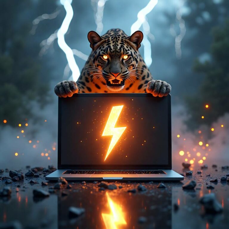 A powerful jaguar with glowing eyes crouches behind a laptop displaying a bright lightning bolt icon, symbolizing speed, performance, and power. Dramatic lightning strikes and glowing sparks fill the background, representing energy and optimization. Concept for WordPress performance and speed enhancement services.