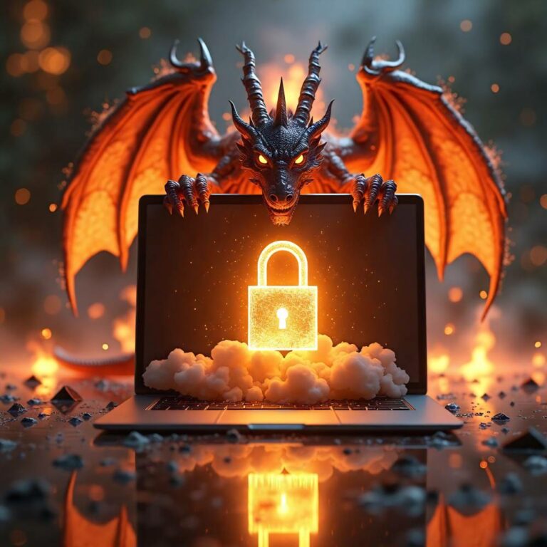 A fierce dragon looming over a laptop displaying a glowing padlock icon, symbolizing strong security and protection against threats. Smoke and glowing embers surround the laptop, representing vigilance and defense. Concept for WordPress security services and safeguarding websites.
