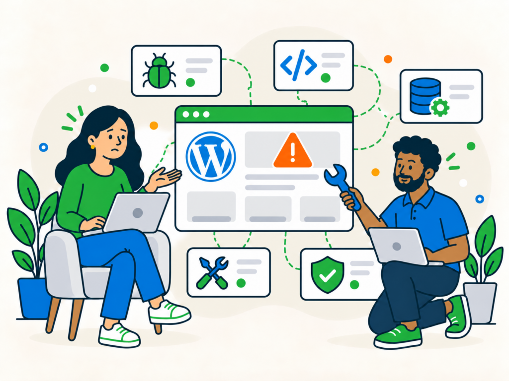 Illustration of a WordPress website displaying a critical error warning, with a concerned website owner and a support technician troubleshooting the issue.