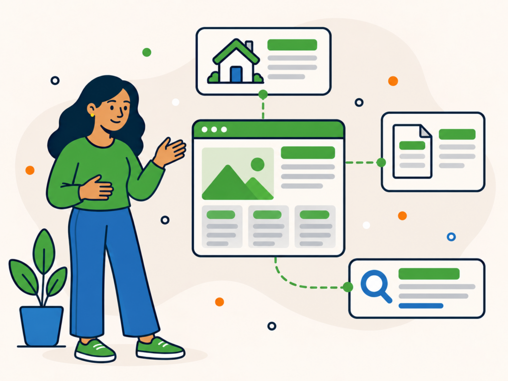 Illustration showing the differences between website titles, page titles and SEO titles using connected website, document and search result panels.